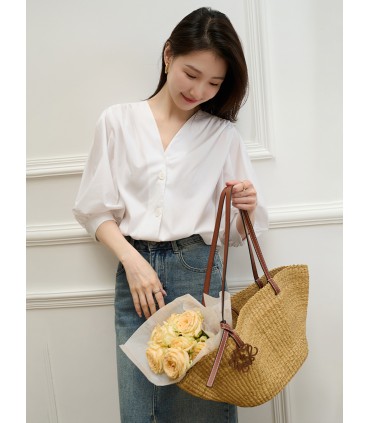 Top camicia in cotone con maniche a tre quarti e maniche a sbuffo