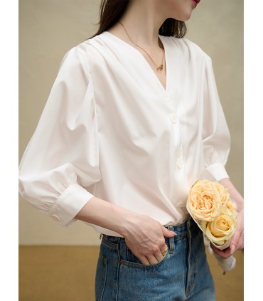 Top camicia in cotone con maniche a tre quarti e maniche a sbuffo