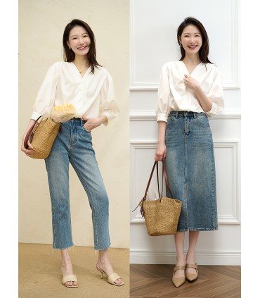 Top camicia in cotone con maniche a tre quarti e maniche a sbuffo