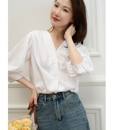 Top camicia in cotone con maniche a tre quarti e maniche a sbuffo