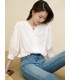 Top camicia in cotone con maniche a tre quarti e maniche a sbuffo