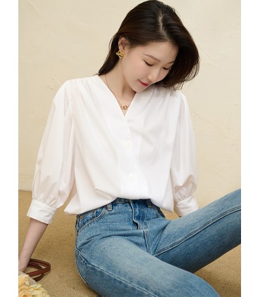 Top camicia in cotone con maniche a tre quarti e maniche a sbuffo