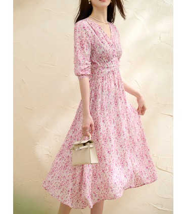 Waist printed silk coffee break dress 