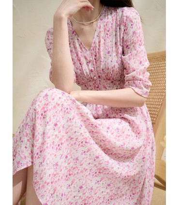 Vestido de pausa de café de seda estampado en la cintura 