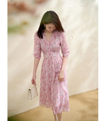 Waist printed silk coffee break dress 