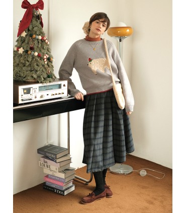 Warm Gray Embroidered Wool Loose Thick Sweater 