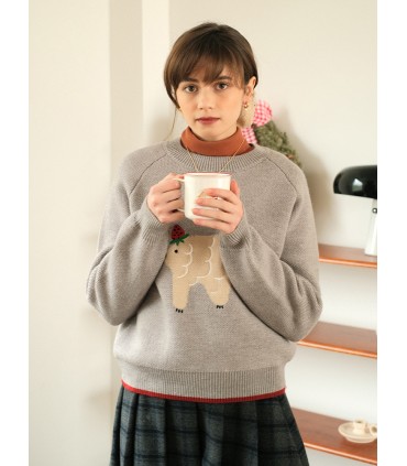 Warm Gray Embroidered Wool Loose Thick Sweater 