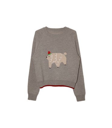 Warm Gray Embroidered Wool Loose Thick Sweater 