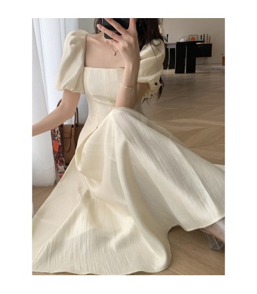 Tea Break Waist Puff Lengan Gaun Panjang Angin Lembut 