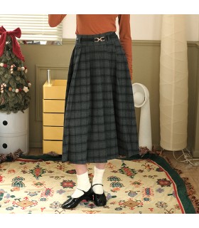 Wide-waist woolen pleated dress 