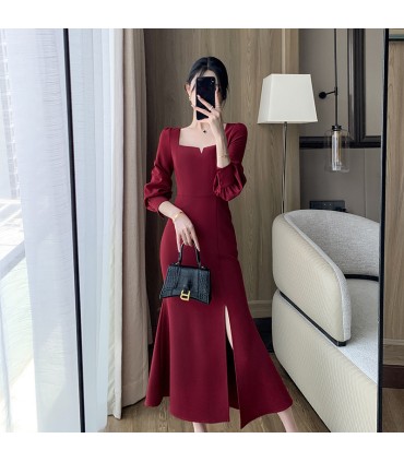 Vestido largo de fiesta de compromiso con abertura retro y cuello cuadrado 