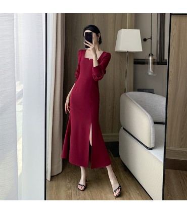 Vestido largo de fiesta de compromiso con abertura retro y cuello cuadrado 