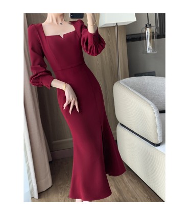 Vestido largo de fiesta de compromiso con abertura retro y cuello cuadrado 