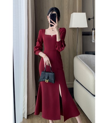 Vestido largo de fiesta de compromiso con abertura retro y cuello cuadrado 