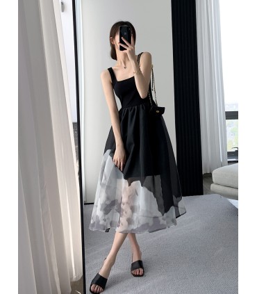 复古赫本风印花吊带裙