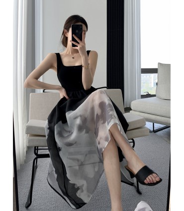 复古赫本风印花吊带裙