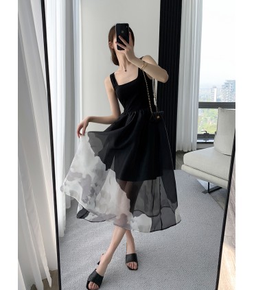 复古赫本风印花吊带裙