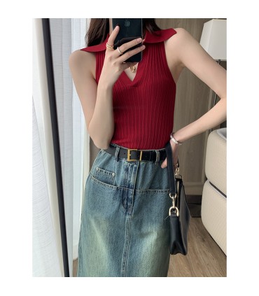 Polo领无袖T恤上衣