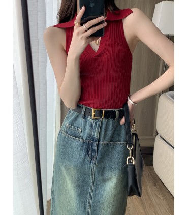 Polo领无袖T恤上衣