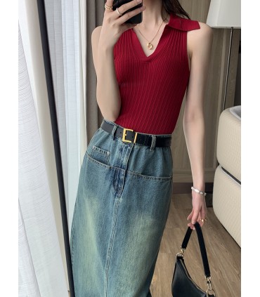 Polo领无袖T恤上衣