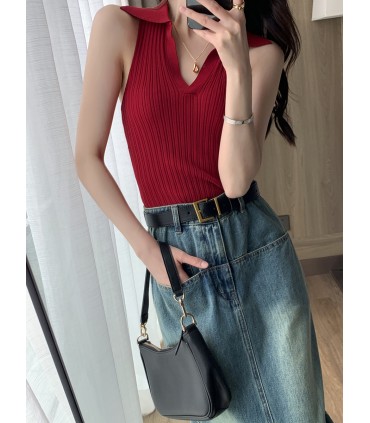 Polo领无袖T恤上衣