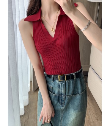 Polo领无袖T恤上衣