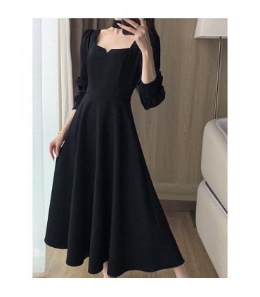 Waisted and draped Hepburn style square neck long skirt 
