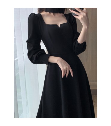 Waisted and draped Hepburn style square neck long skirt 