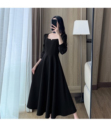 Waisted and draped Hepburn style square neck long skirt 