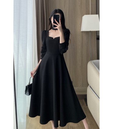 Waisted and draped Hepburn style square neck long skirt 