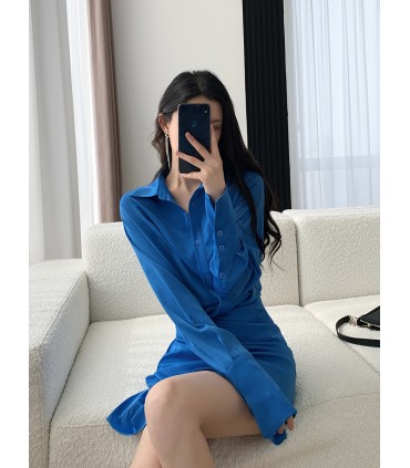 Áo sơ mi cạp trễ váy xanh đi làm 