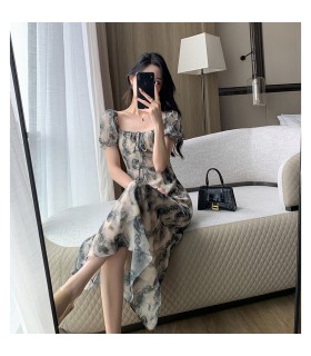 Skirt panjang leher persegi pinggang mewah ringan bercetak 