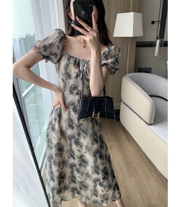 Skirt panjang leher persegi pinggang mewah ringan bercetak 