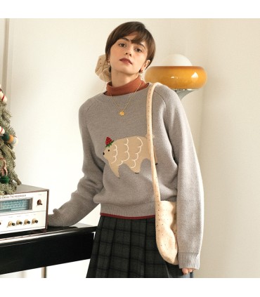 Sweater Tebal Longgar Kelabu Hangat Bersulam