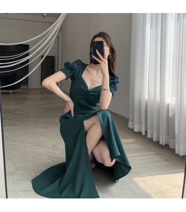 Puff sleeve square neck retro Hepburn style slit skirt
