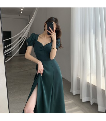 Puffärm fyrkantig hals retro Hepburn stil slits kjol 