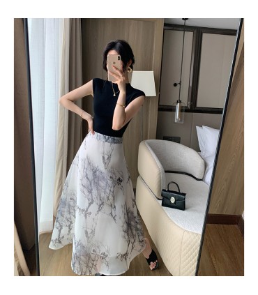 时尚高腰欧根纱a字长裙