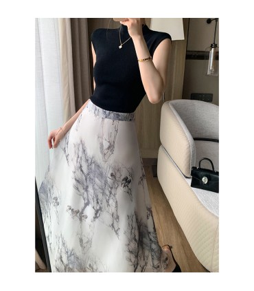 时尚高腰欧根纱a字长裙