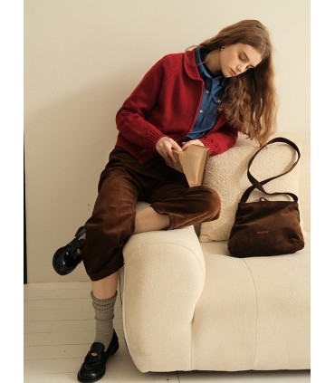 Dragkedja Läder Etikett Lapel Knit Cardigan