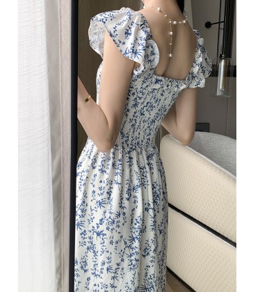 Robe longue à col carré et taille Tea Break 