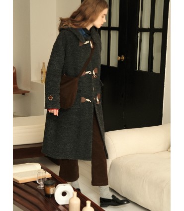 Plaid and horn button quilted coat