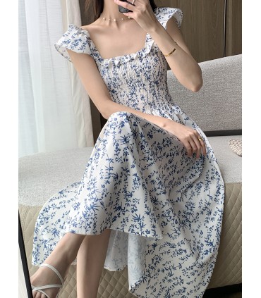 Robe longue à col carré et taille Tea Break 