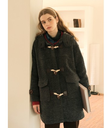 Plaid and horn button quilted coat