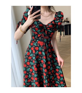 Square neck puff sleeves, waisted long skirt 