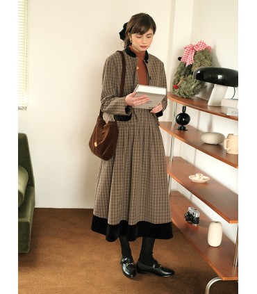 Plaid and velvet quilted short jacket/long skirt