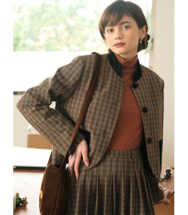 Plaid and velvet quilted short jacket/long skirt