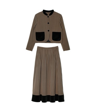 Plaid and velvet quilted short jacket/long skirt