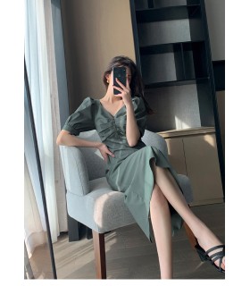 V-neck puff sleeve waist midi skirt 