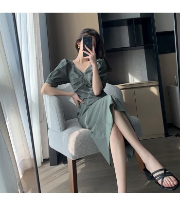 V-neck puff sleeve waist midi skirt 