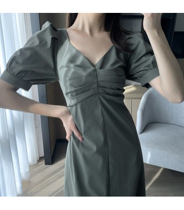 V-neck puff sleeve waist midi skirt 